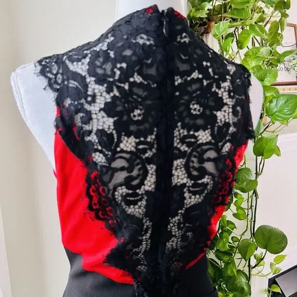 Gabrielle Union Red & Black Satin Lacy Back Pencil Dress Evening Date Night - Lg - Picture 7 of 10